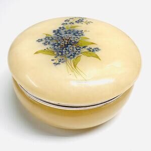 Vintage Yellow White Alabaster Trinket Box Blue Forget Me Not Flowers Hinged